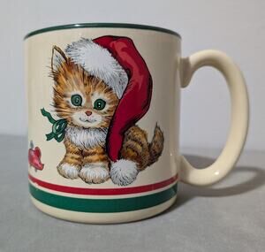 Vtg 1989 Potpourri Press Christmas Tabby Kitten Santa Hat Ceramic Mug - Korea